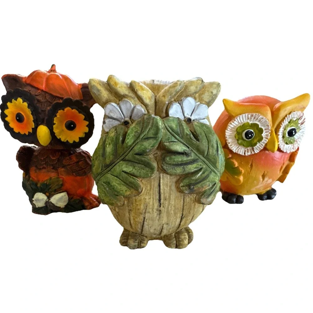 Owl Bobble Head Pumpkin Figurine + 2 Decoration Thanksgiving Fall Decor